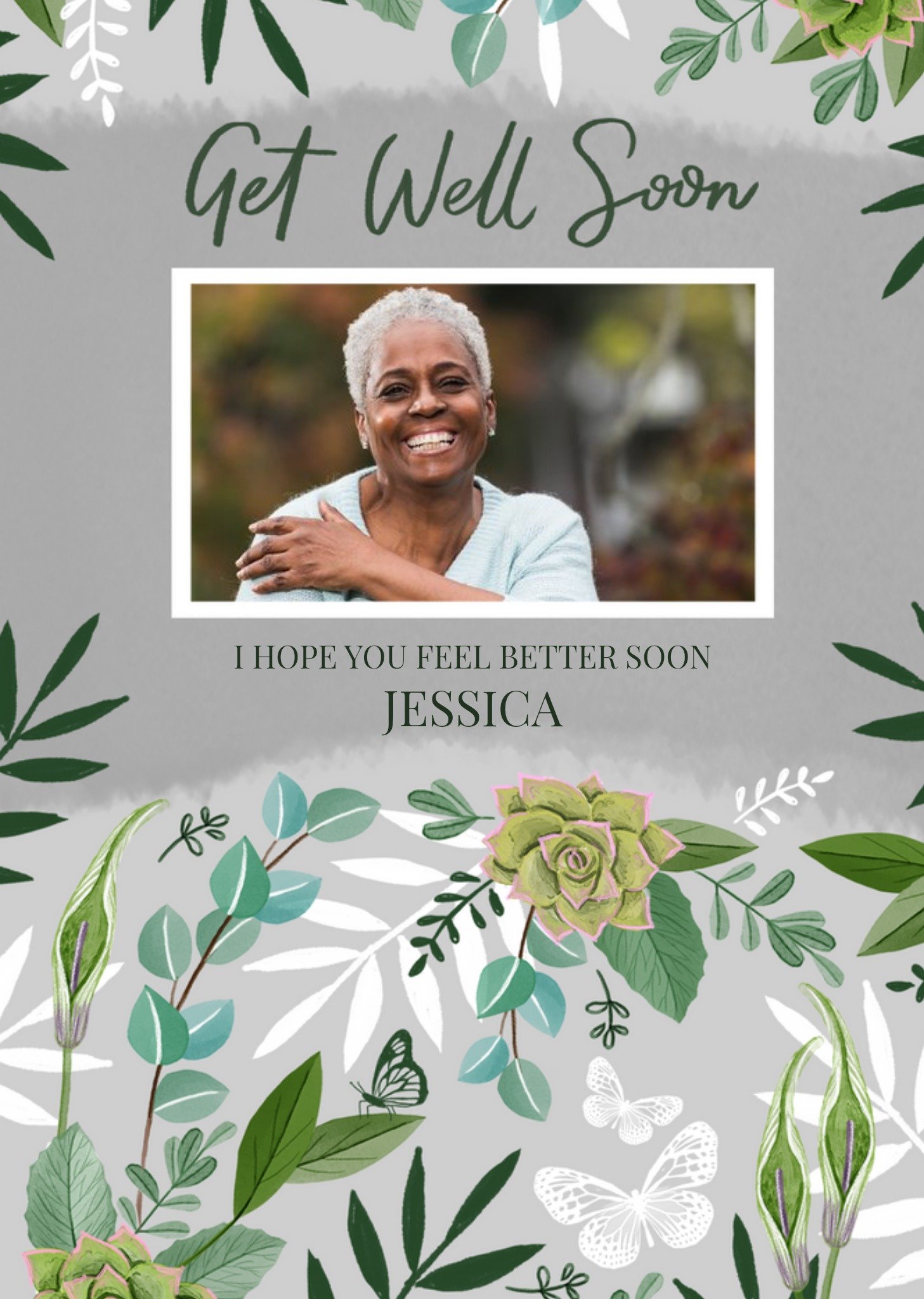 Okey Dokey Design Floral Illustrated Customisable Photo Upload Get Well Soon Card Ecard