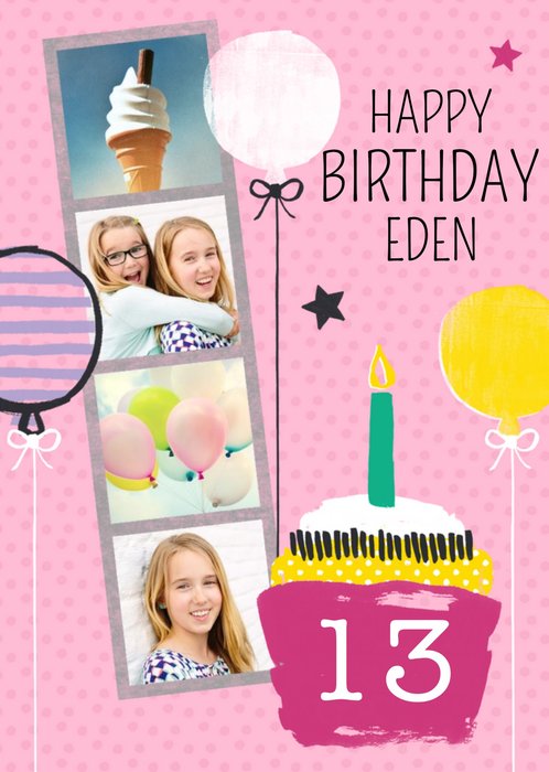 Bright Pink Balloons And Cupcake Happy Birthday Photo Card
