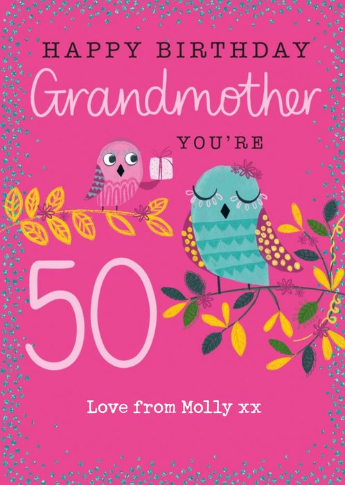 Bright Illustration Of Two Owls Happy Birthday Grandmother You're 50 Card 