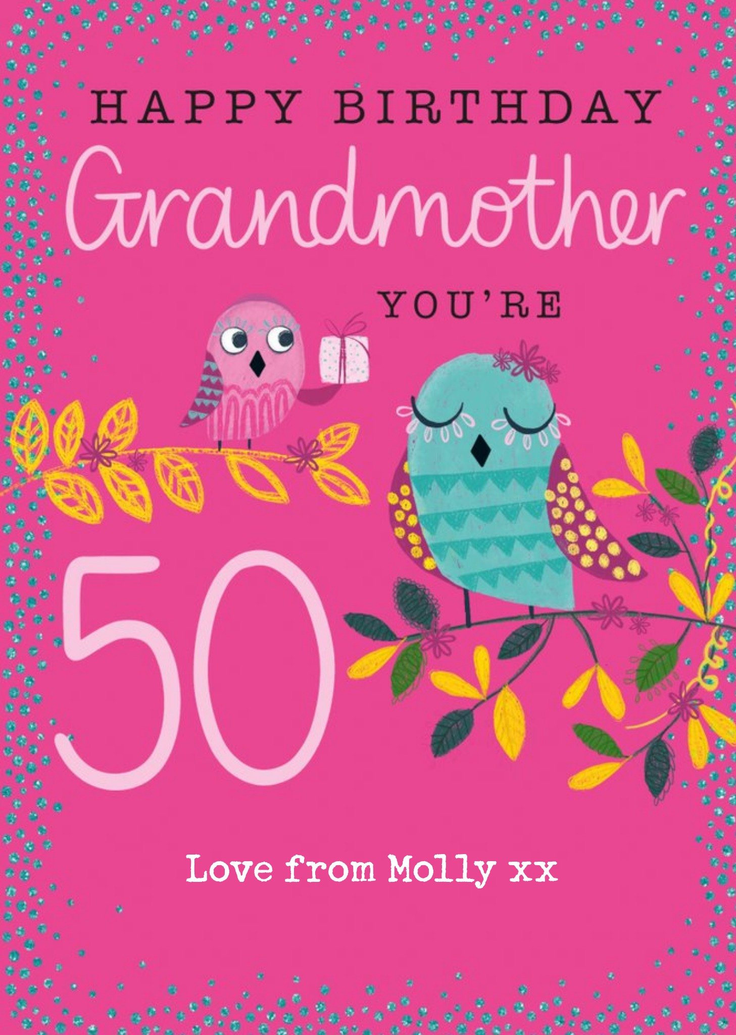 Moonpig Bright Illustration Of Two Owls Happy Birthday Grandmother You're 50 Card Ecard