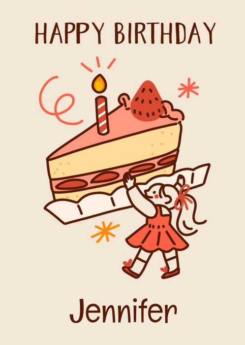 Illustrated Girl Holding A Slice of Cake Card