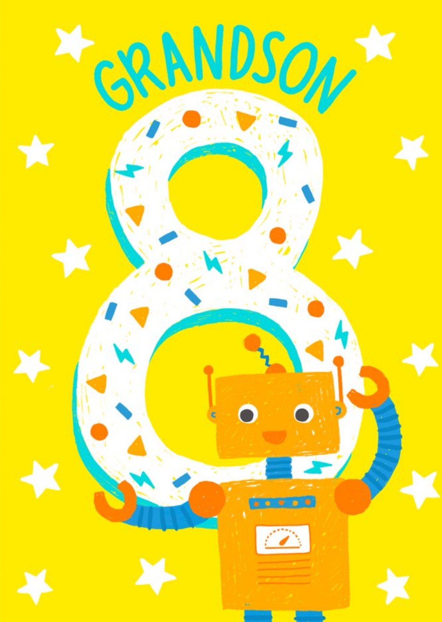 Bright Graphic Illustrated Robot 8th Birthday Grandson Card Ecard