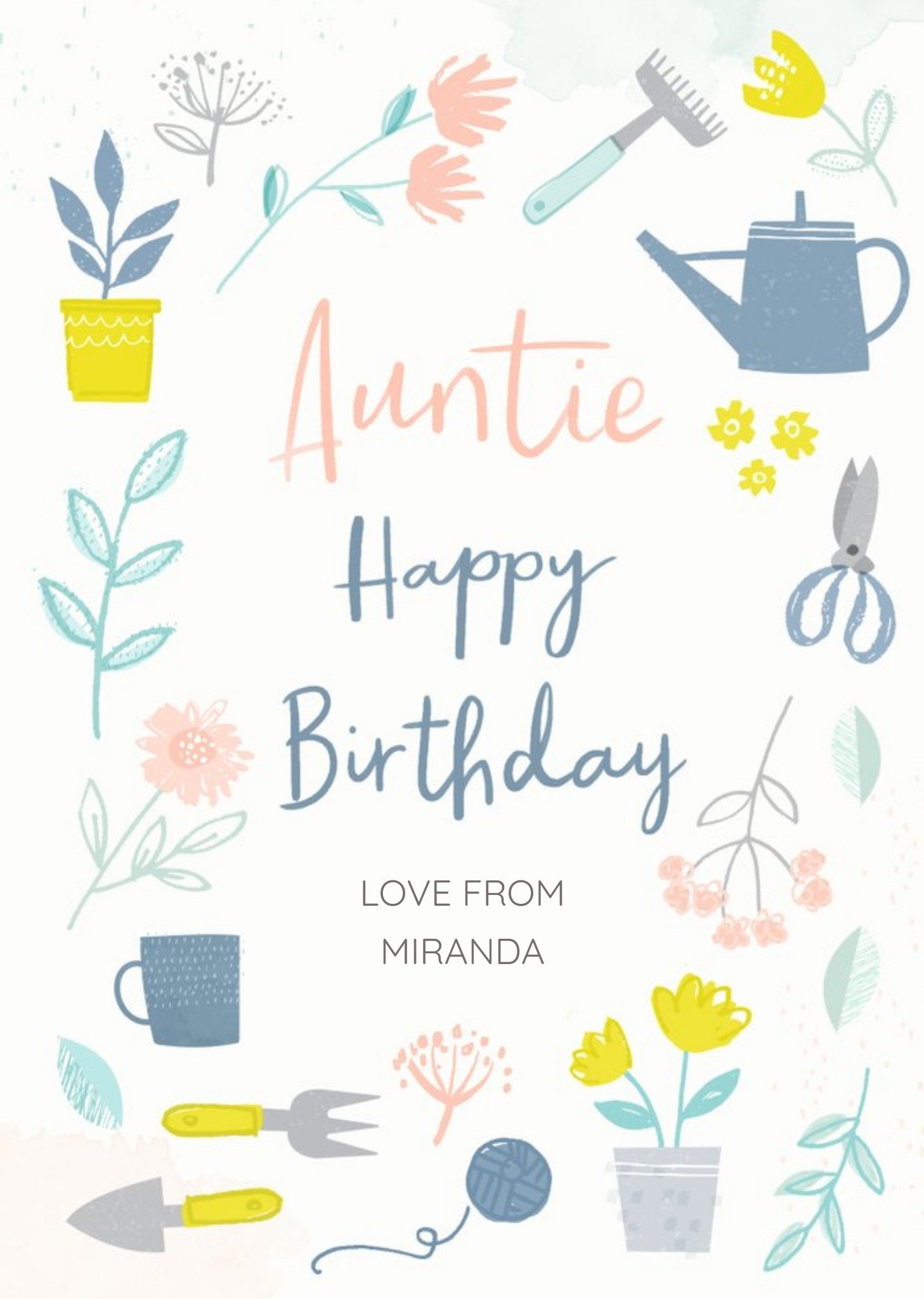 Moonpig Pastel Gardening Tools Auntie Birthday Card Ecard