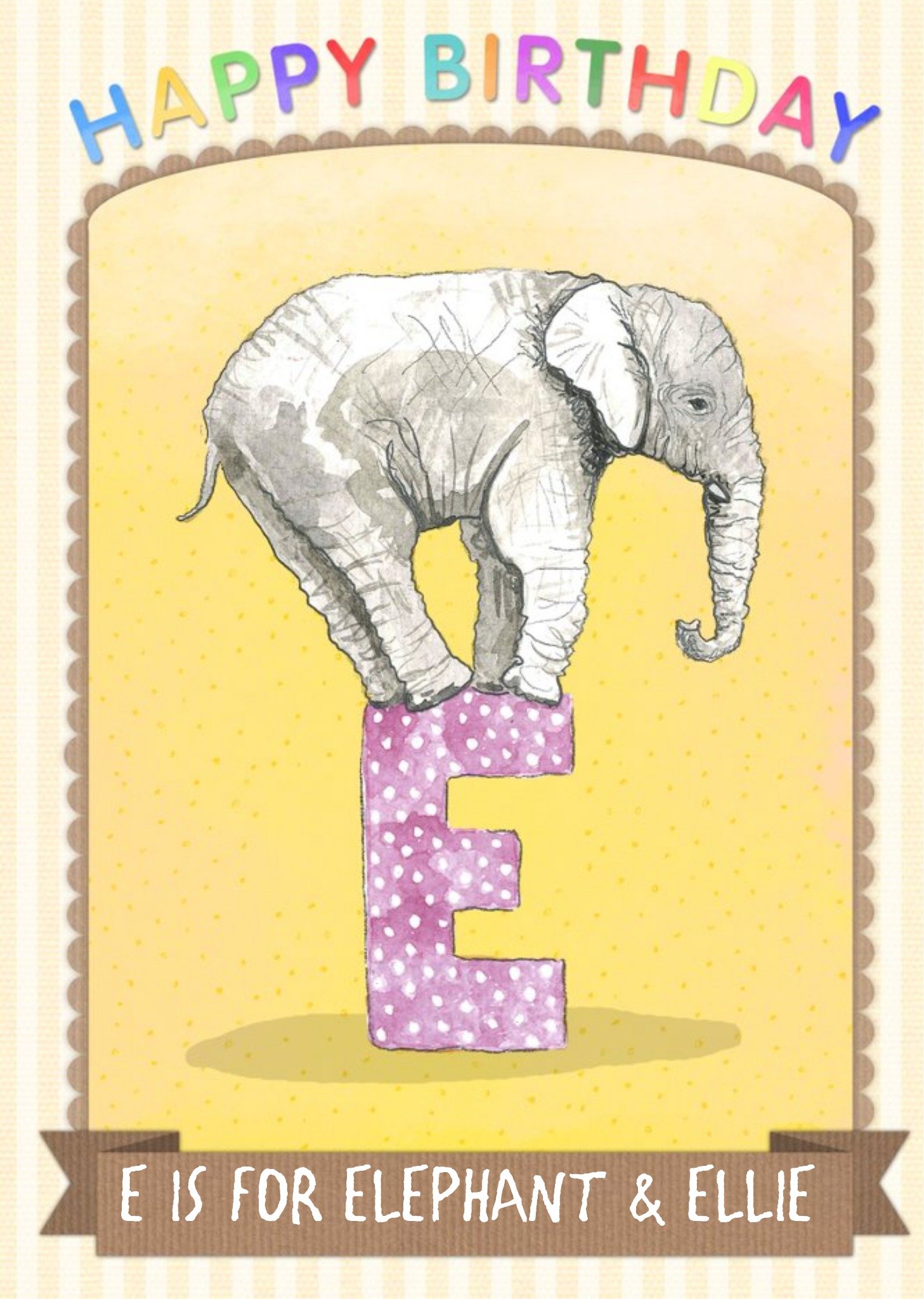 Moonpig Letter E Alphabet Animal Antics Personalised Happy Birthday Card, Large