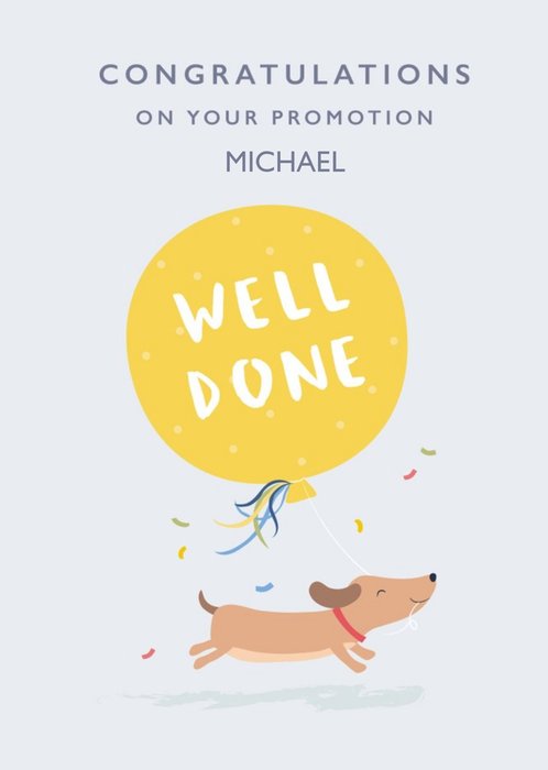 Cute Dog Running With A Large Balloon Personalised Congratulations On Your Promotion Card
