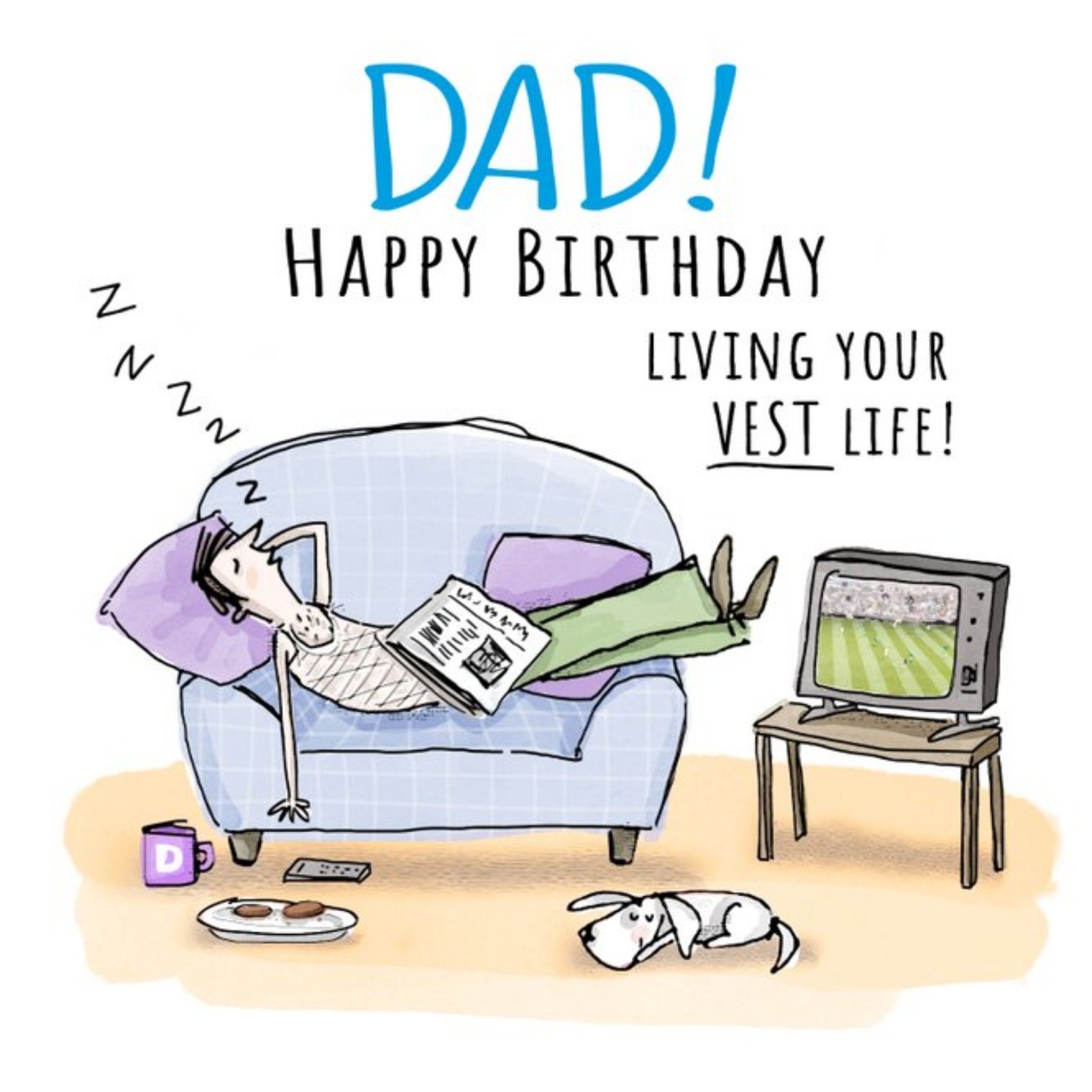 Moonpig Illustration Of A Man Relaxing On A Sofa Living Your Vest Life Dad's Birthday Card, Square