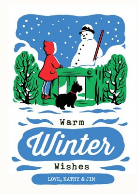 Warm Winter Wishes Snow Scene Snowman With Dog Christmas Card