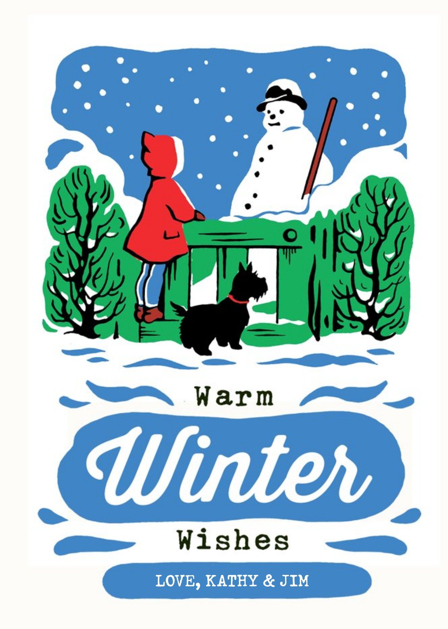 Moonpig Warm Winter Wishes Snow Scene Snowman With Dog Christmas Card, Large
