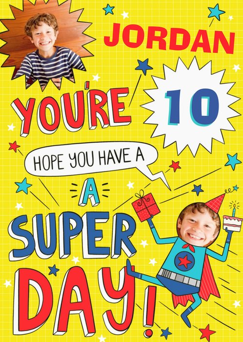 Bright Colourful Illustrated Super Hero Photo Upload Birthday Card