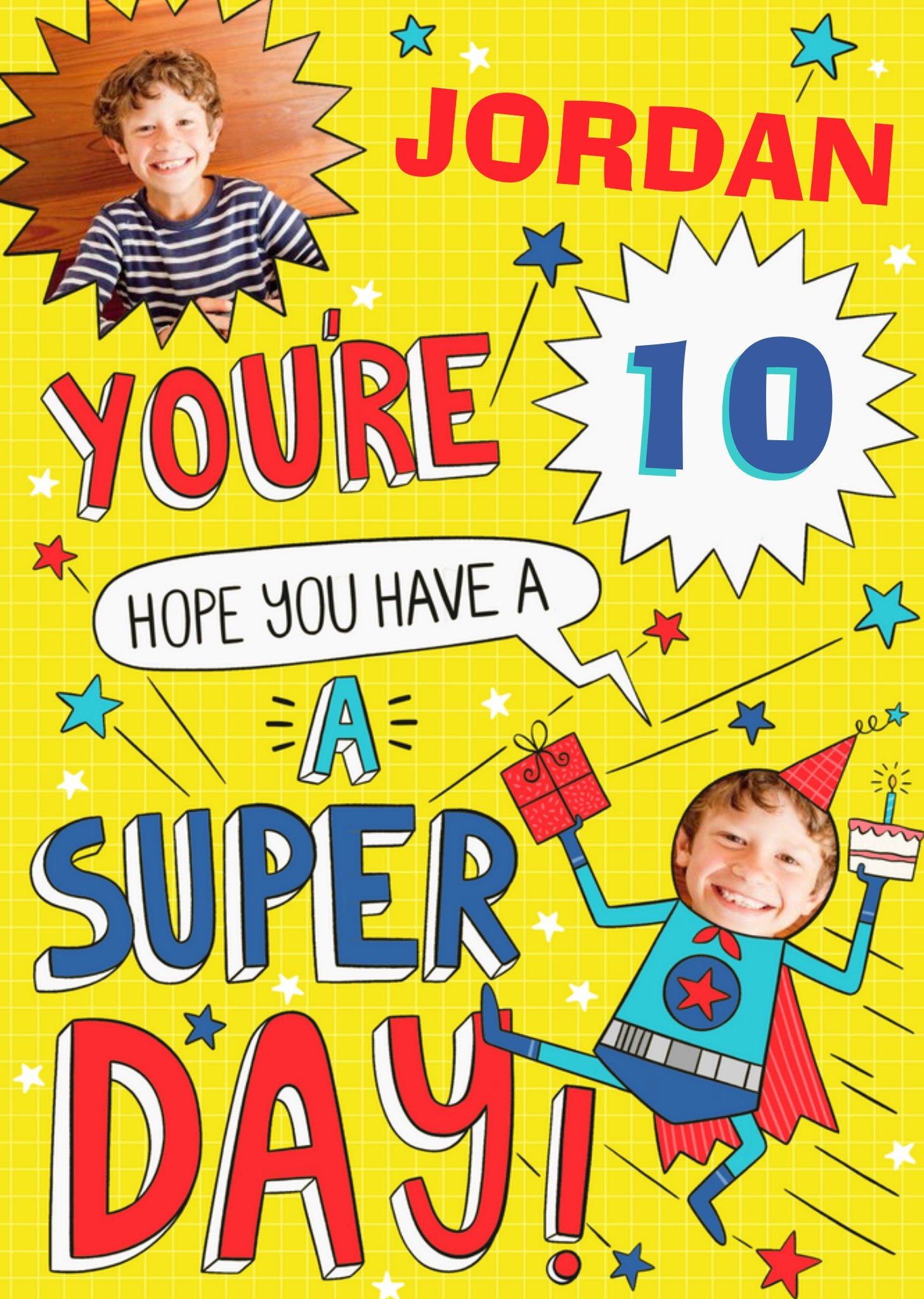 Moonpig Bright Colourful Illustrated Super Hero Photo Upload Birthday Card, Large