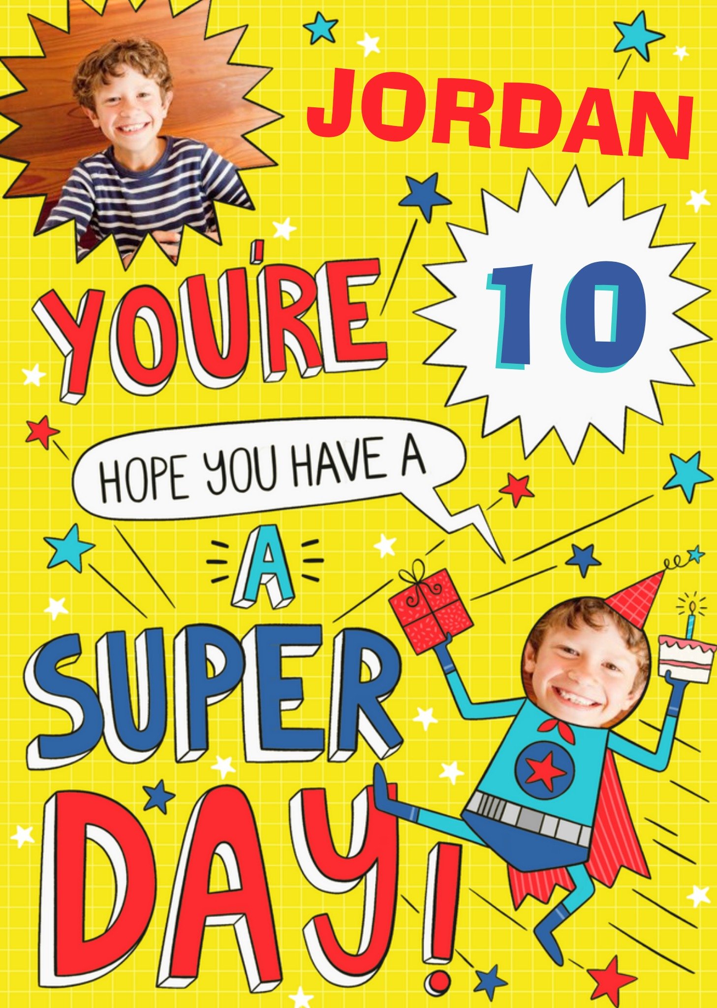 Bright Colourful Illustrated Super Hero Photo Upload Birthday Card Ecard