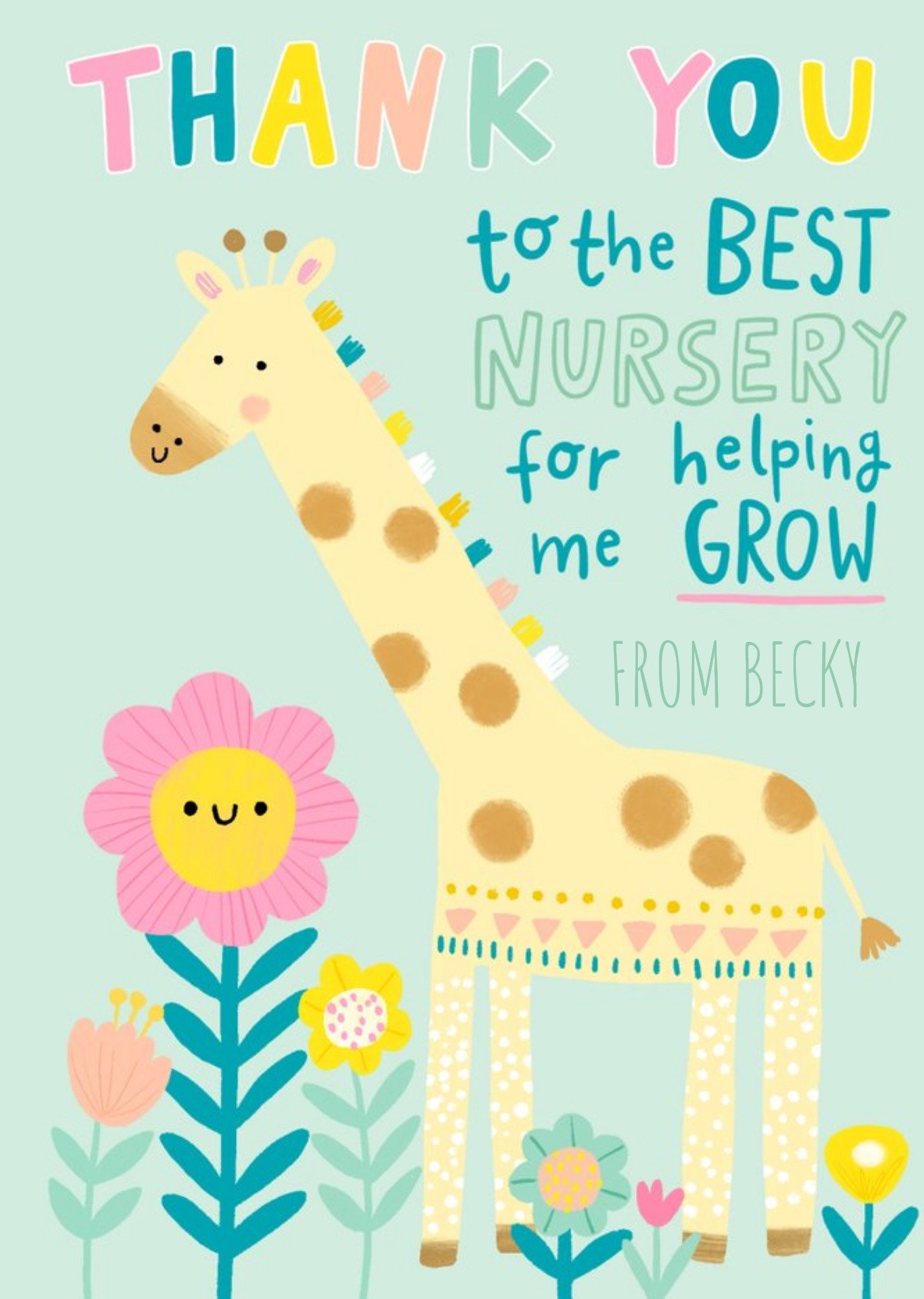 Moonpig Illustration Of A Giraffe And Colourful Flowers To The Best Nursery Thank You Card Ecard