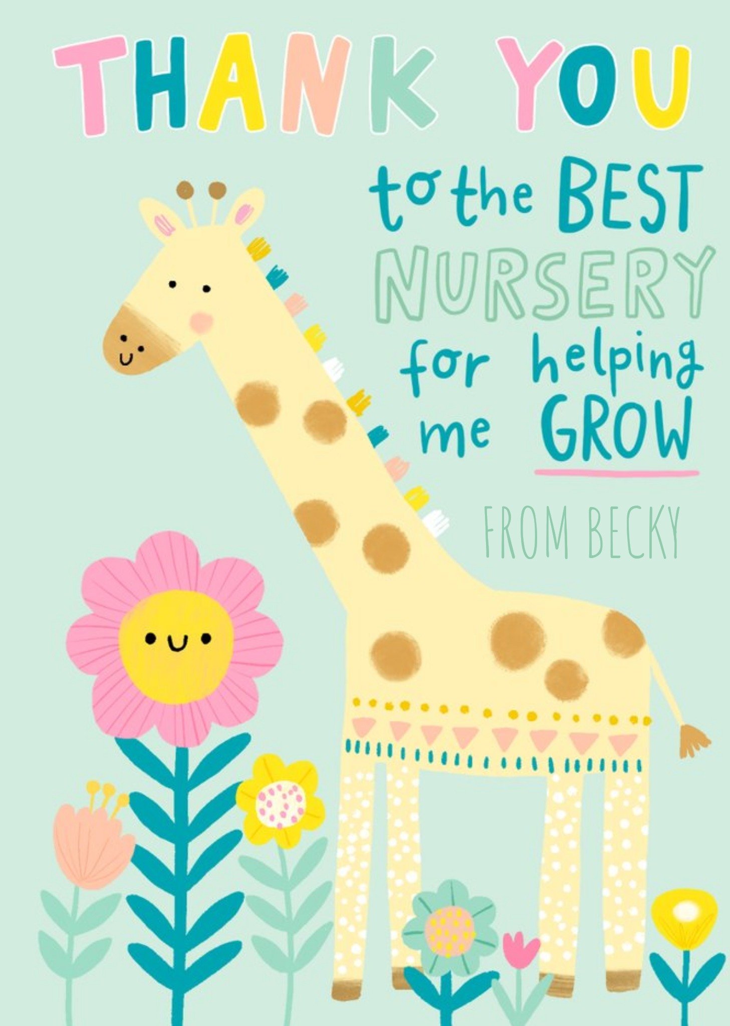 Illustration Of A Giraffe And Colourful Flowers To The Best Nursery Thank You Card Ecard