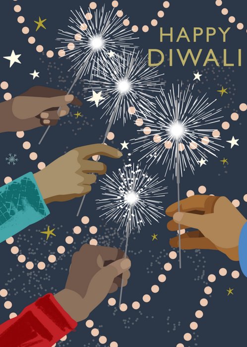 Cheerful Illustrated Hands Holding Sparklers Happy Diwali Card