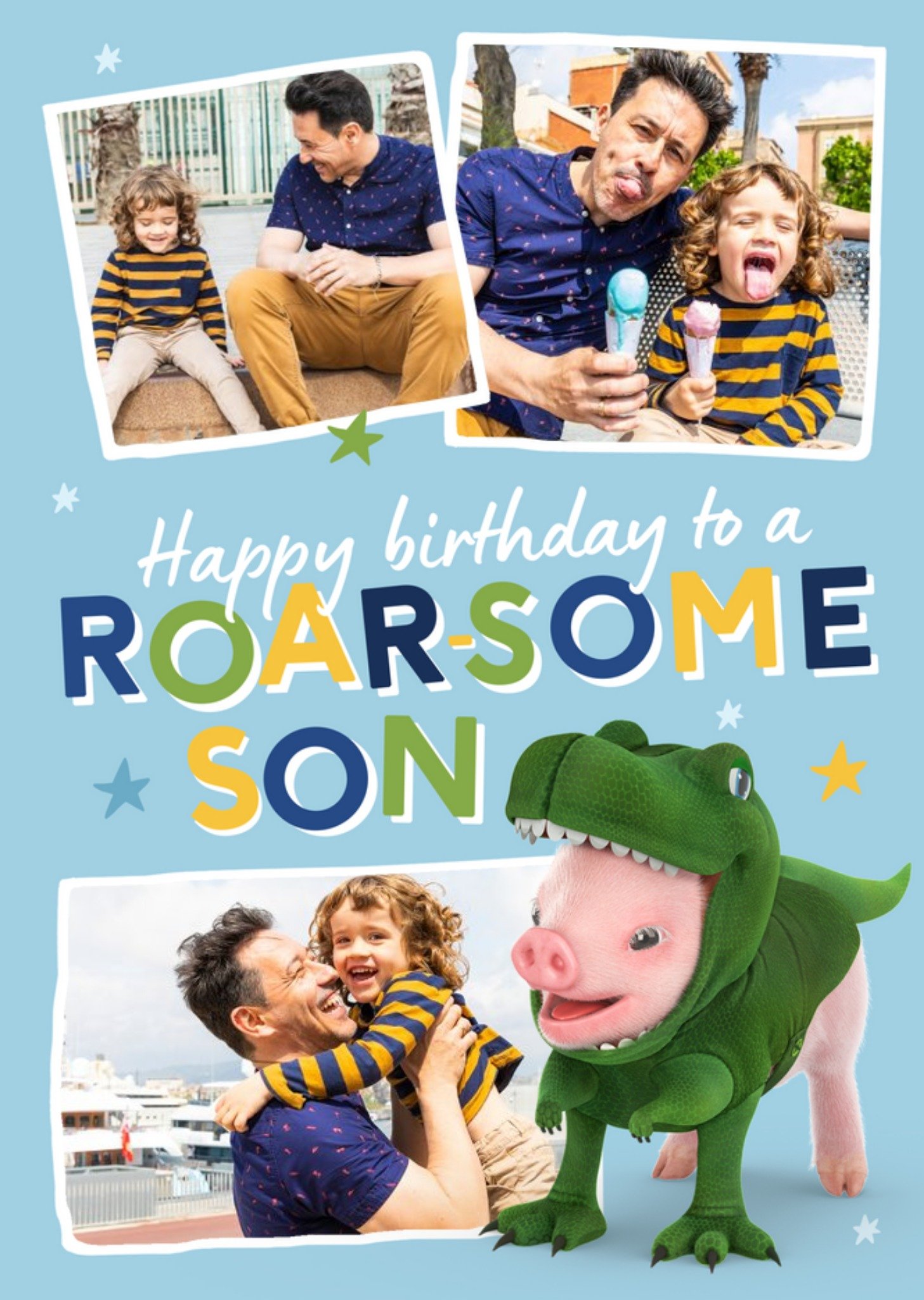 Moonpig Exclusive Moonpigs Dino Pig Roarsome Son Photo Upload Birthday Card, Large