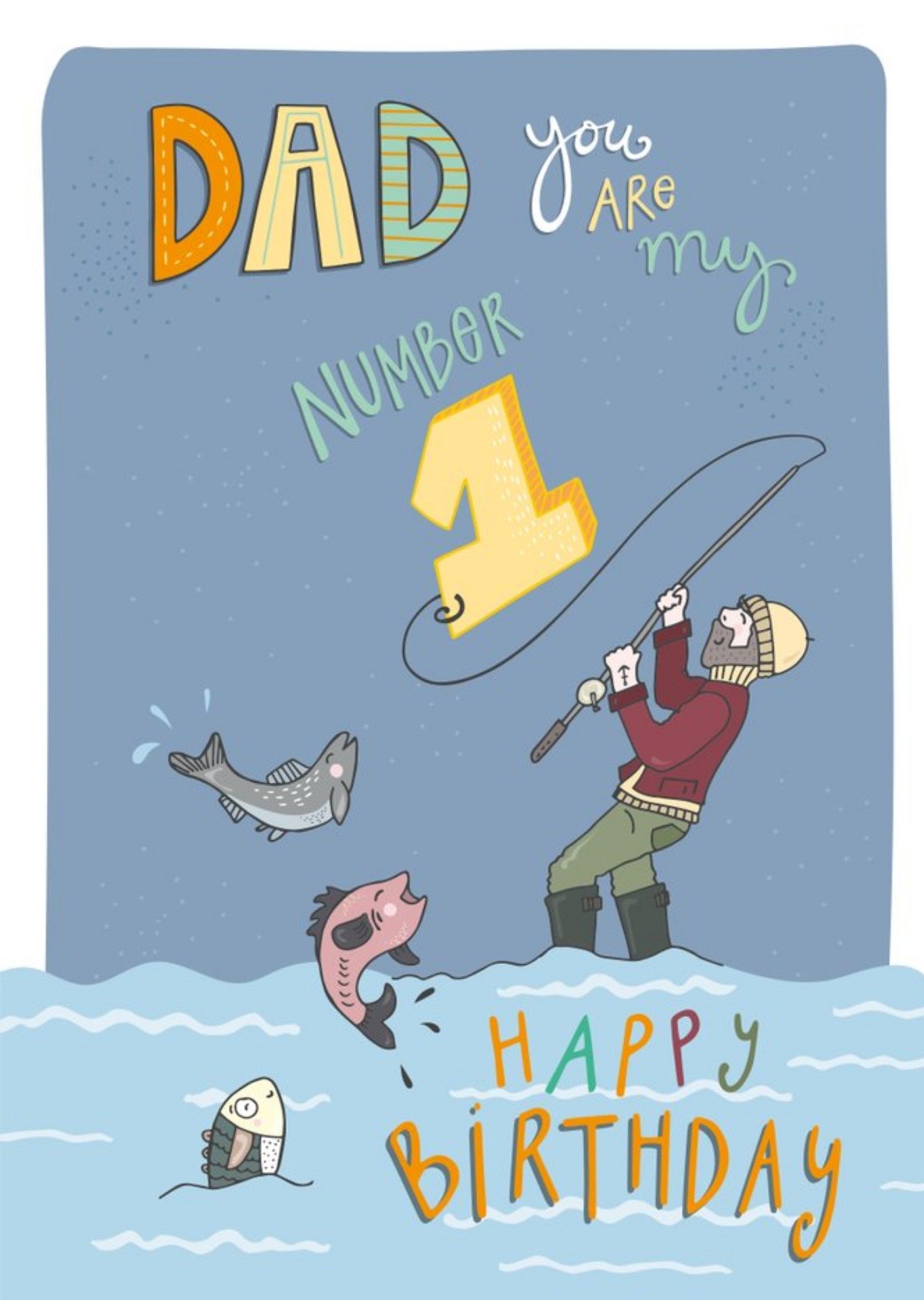 Moonpig Funny Side Up Illustrated Fishing Colourful Dad Birthday Card Ecard