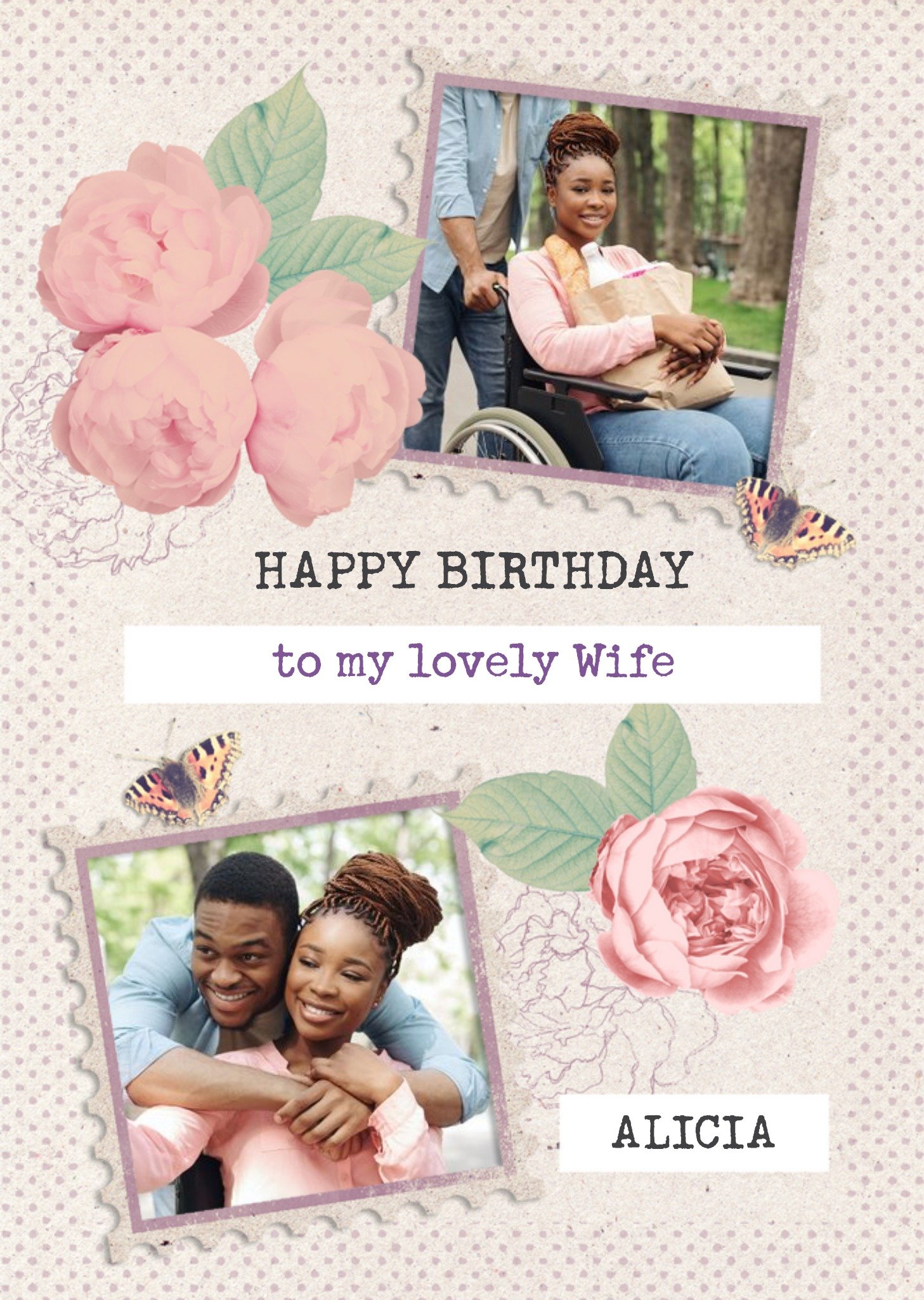 Vintage Roses And Fluttering Butterflies Happy Birthday Wife Card Ecard