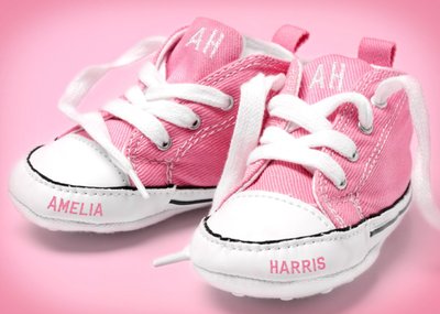 New Baby Congratulations Card - Pink Baby Shoes With Name