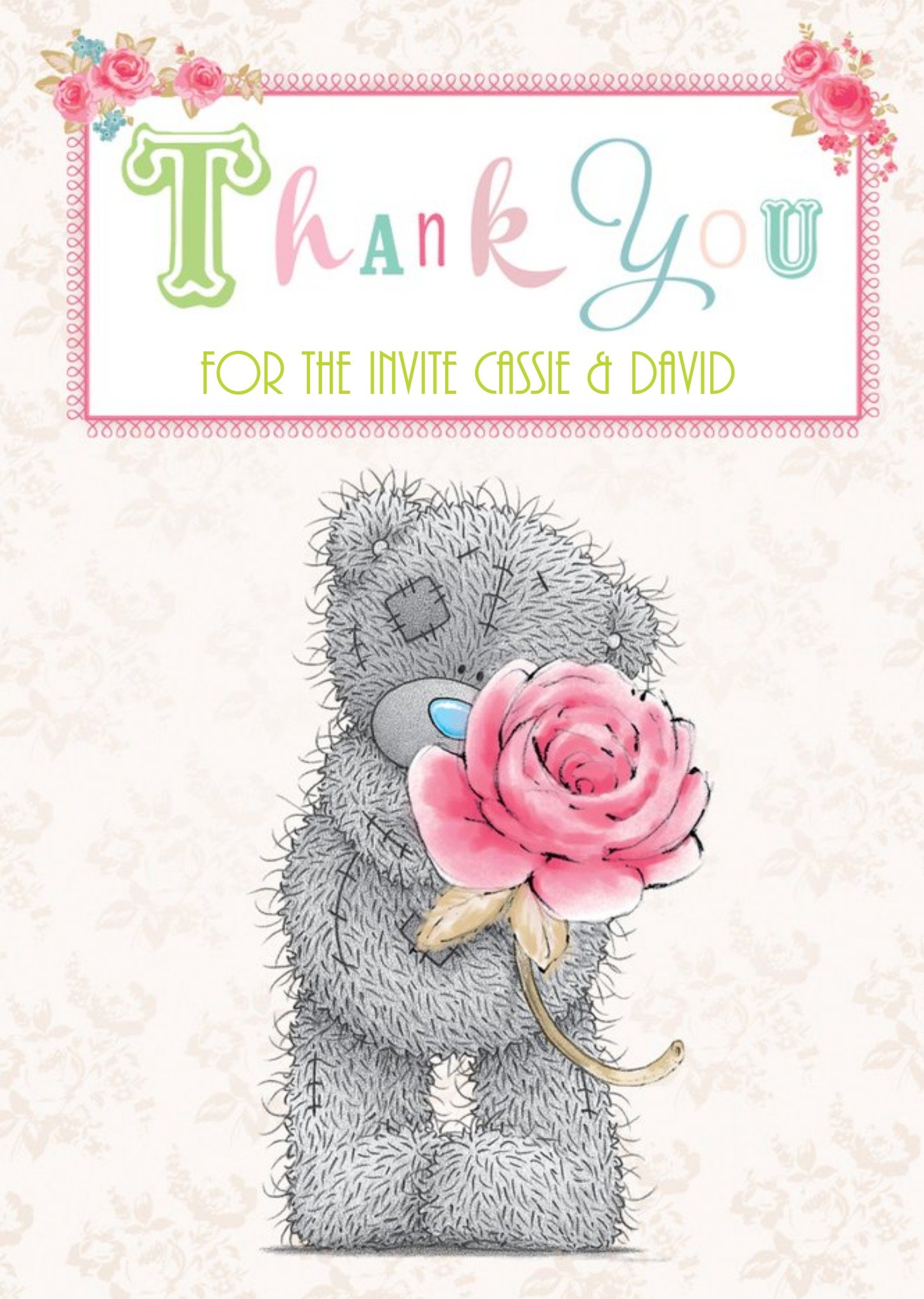 Me To You Tatty Teddy Big Rose Personalised Thank You Card Ecard