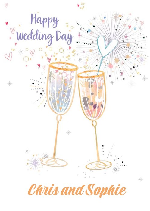 Illustration Of Two Glasses Of Wine Surrounded By Sparkles And Hearts Wedding Day Card