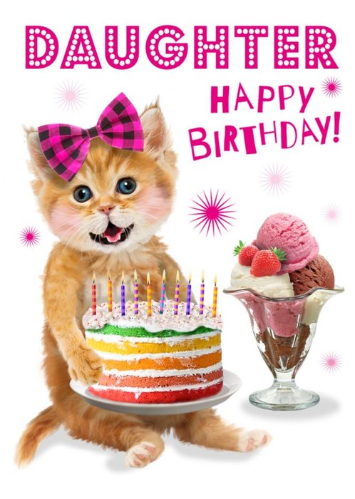 Cute Kitten Holding Birthday Cake Daughter Birthday Card