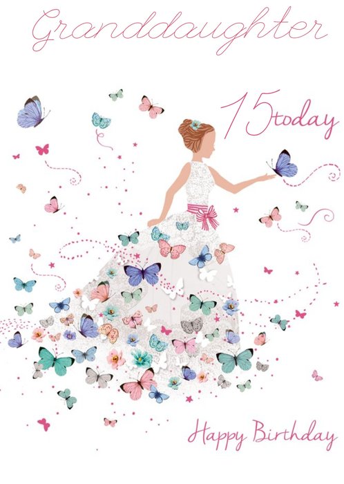 Girl In Butterfly Dress Personalise Age Granddaughter Birthday Card