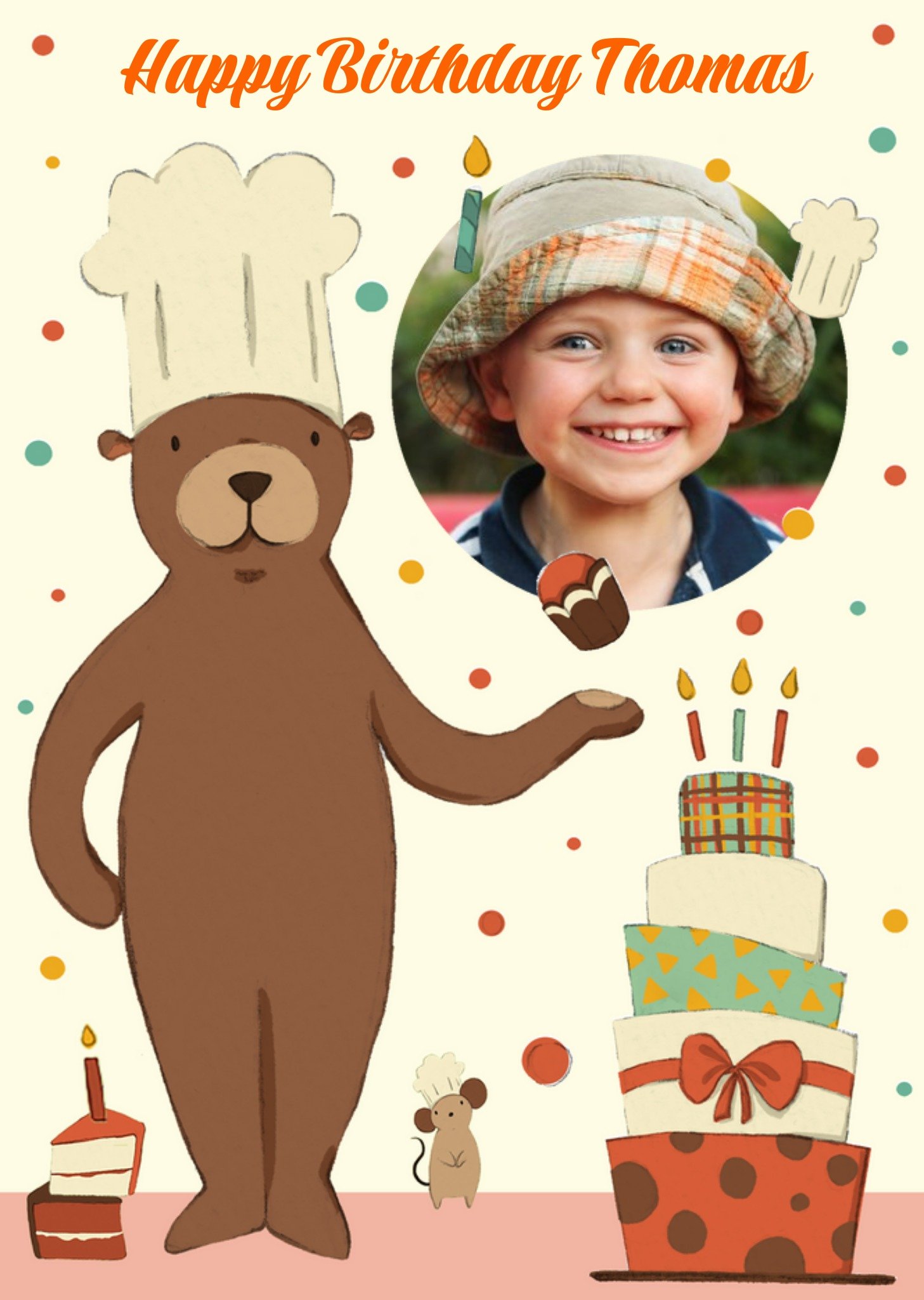 Moonpig Personalised Bear Baker Happy Birthday Photo Card, Large