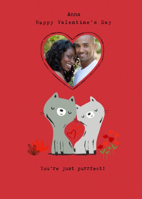 Cute Two Cats With Two Lovehearts You're Just Purrfect Photo Upload Valentine's Day Card