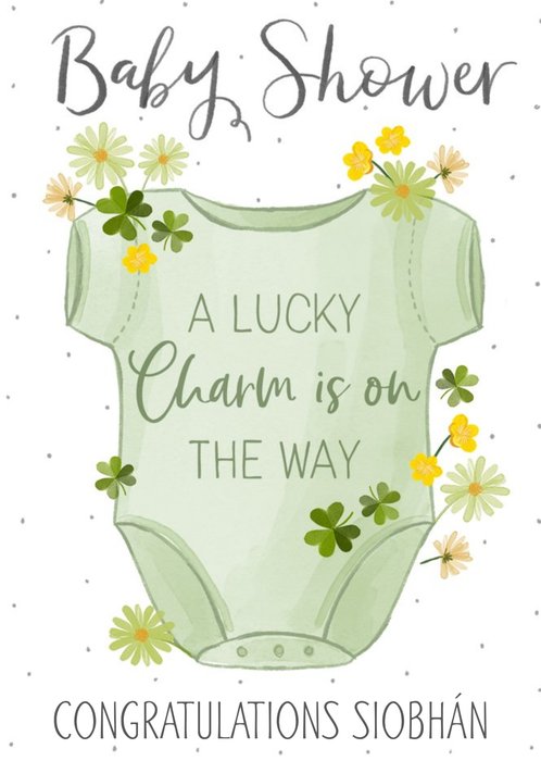 Okey Dokey Design Cute Illustrated Baby Grow and Four leaf Clover Baby Shower Card