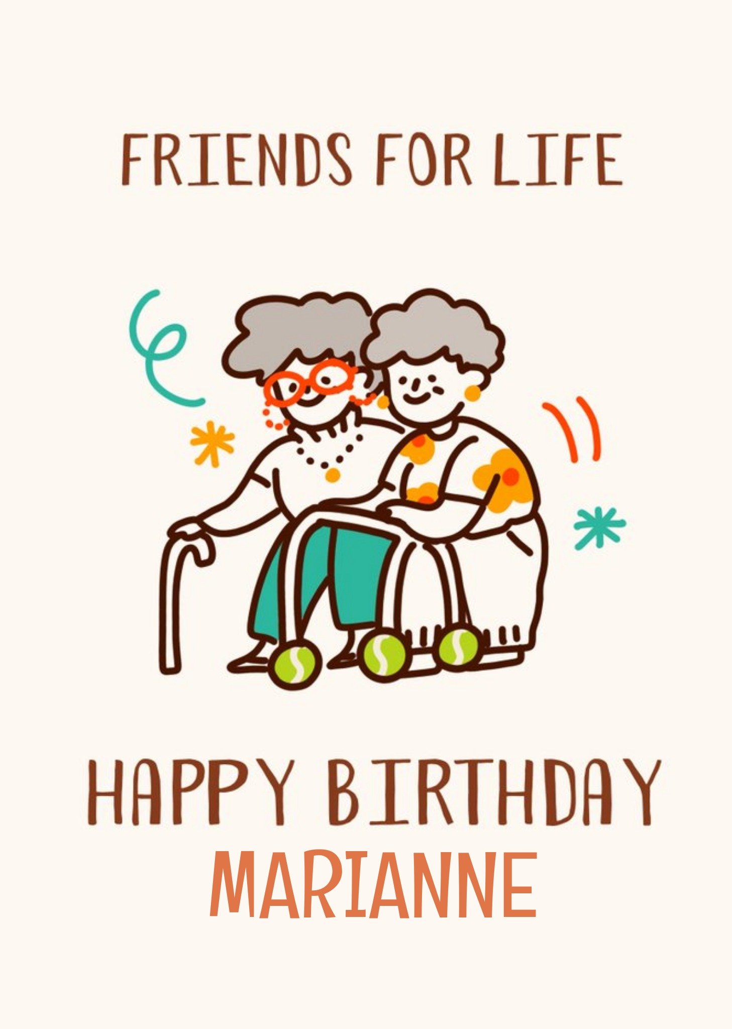 Moonpig Illustrated Elderly Characters Friends For Life Customisable Birthday Card Ecard