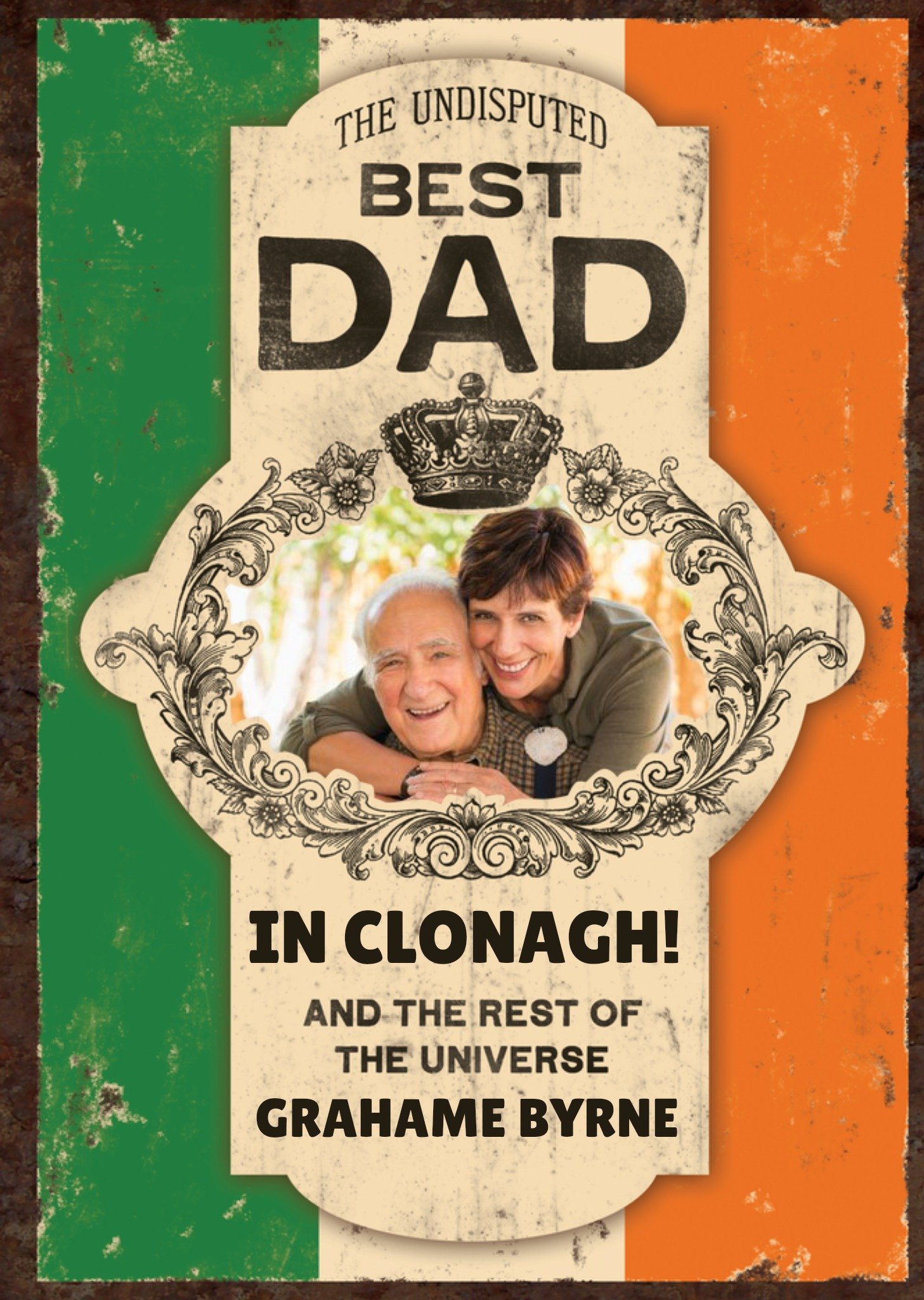 Vintage Frame With An Irish Flag On Rustic Metal Photo Upload Personalised Dad Birthday Card Ecard