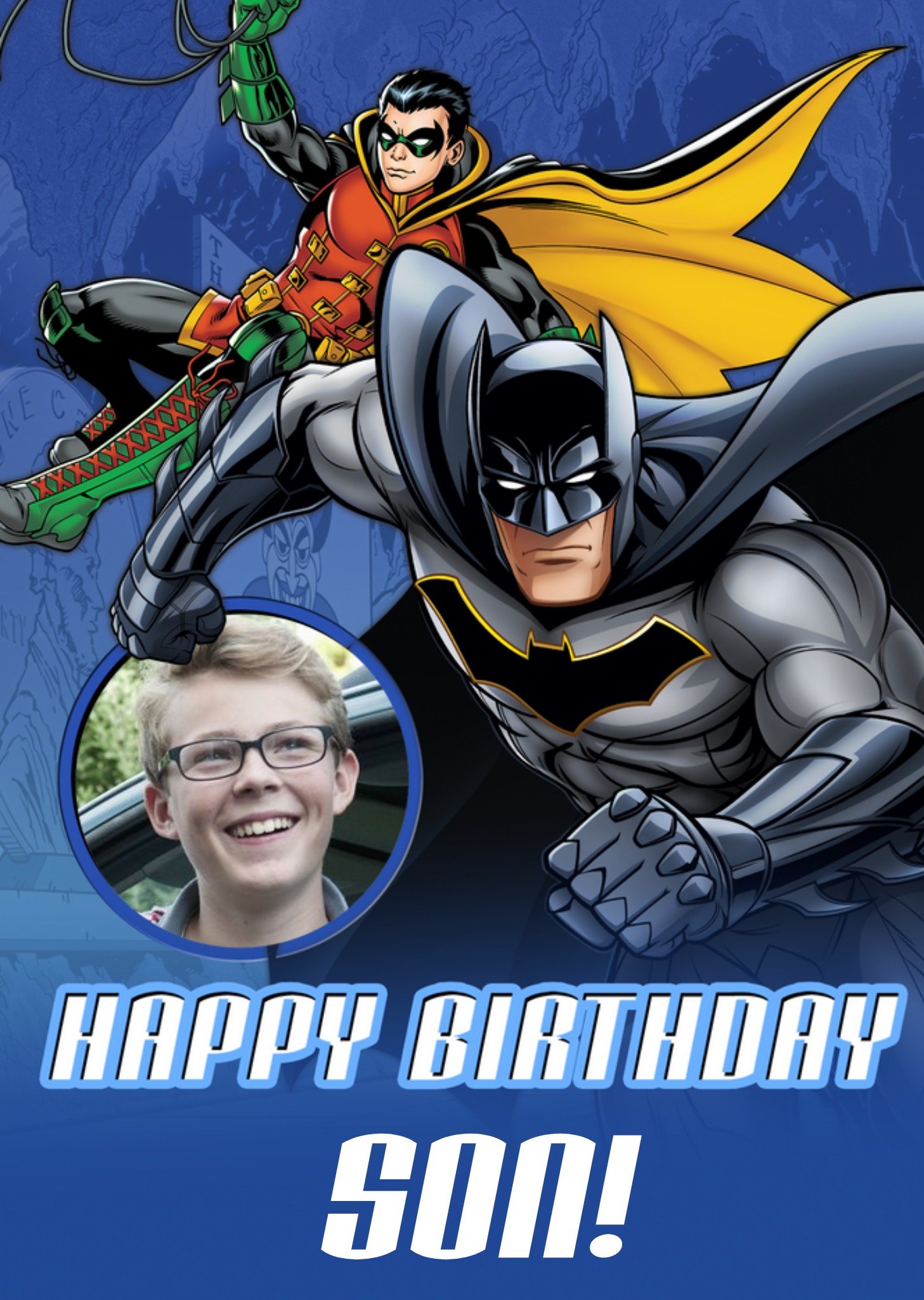 Illustrated Batman And Robin Photo Upload Son Birthday Card Ecard