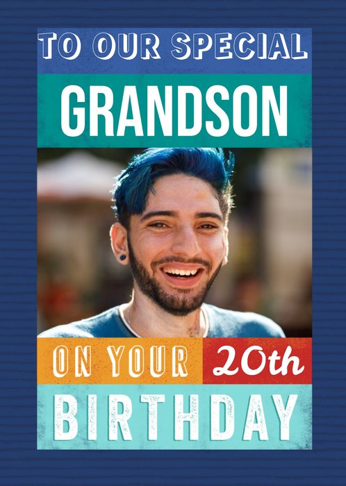 Typographic Our Special Grandson Photo Upload Birthday Card