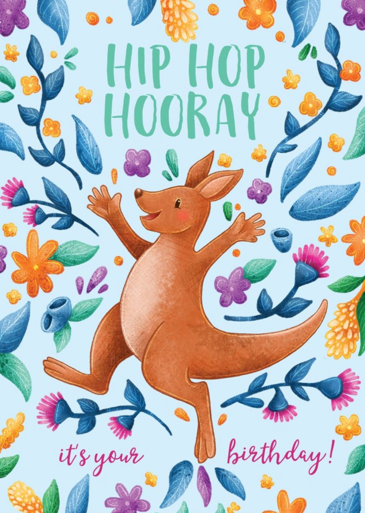 Moonpig Stray Leaves Fun Illustrated Floral Kangaroo Birthday Card, Large