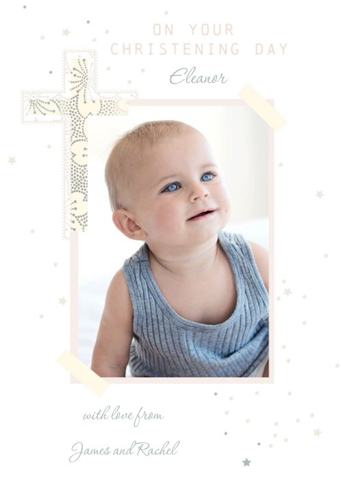 Christian Cross With A Floral Pattern Christening Day Photo Upload Card 