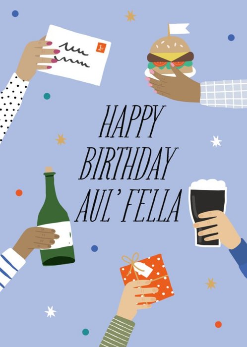 Illustration of diverse hands holding a gift Aul Fella Birthday Card