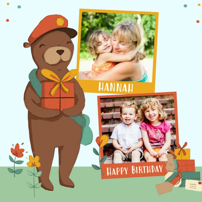 Personalised Bear And The Parcels Happy Birthday Multi-Photo Card