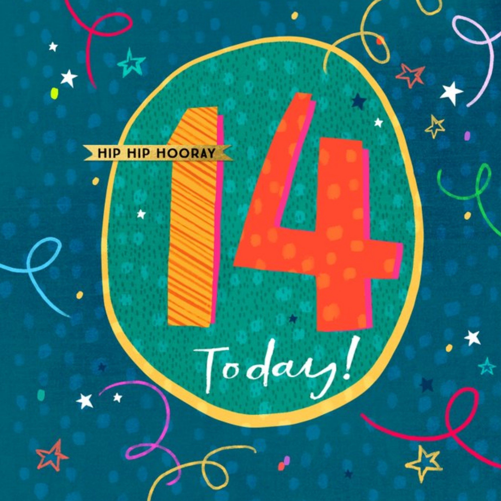 Moonpig Modern Typographic Design Hip Hip Hooray 14 Today Birthday Card, Square