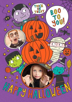Illustrations of Halloween Characters Trick Or Treat Happy Halloween Photo Upload Card