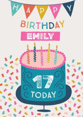 Fun Illustration With Cake And Confetti Personalised Name Teen Birthday Card