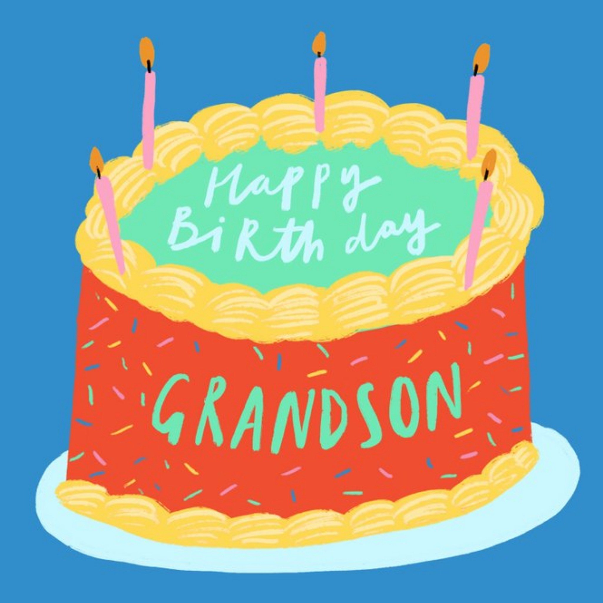 Moonpig Katy Welsh Illustrated Birthday Cake Grandson Card, Large
