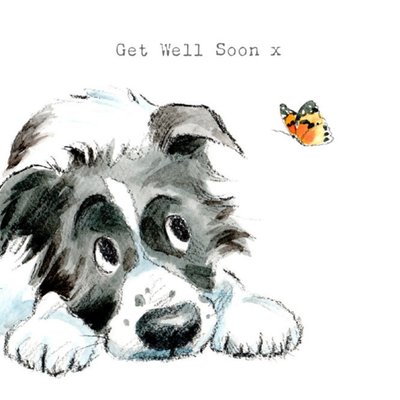 Illustration Of A Cute Dog And A Butterfly Get Well Soon Card