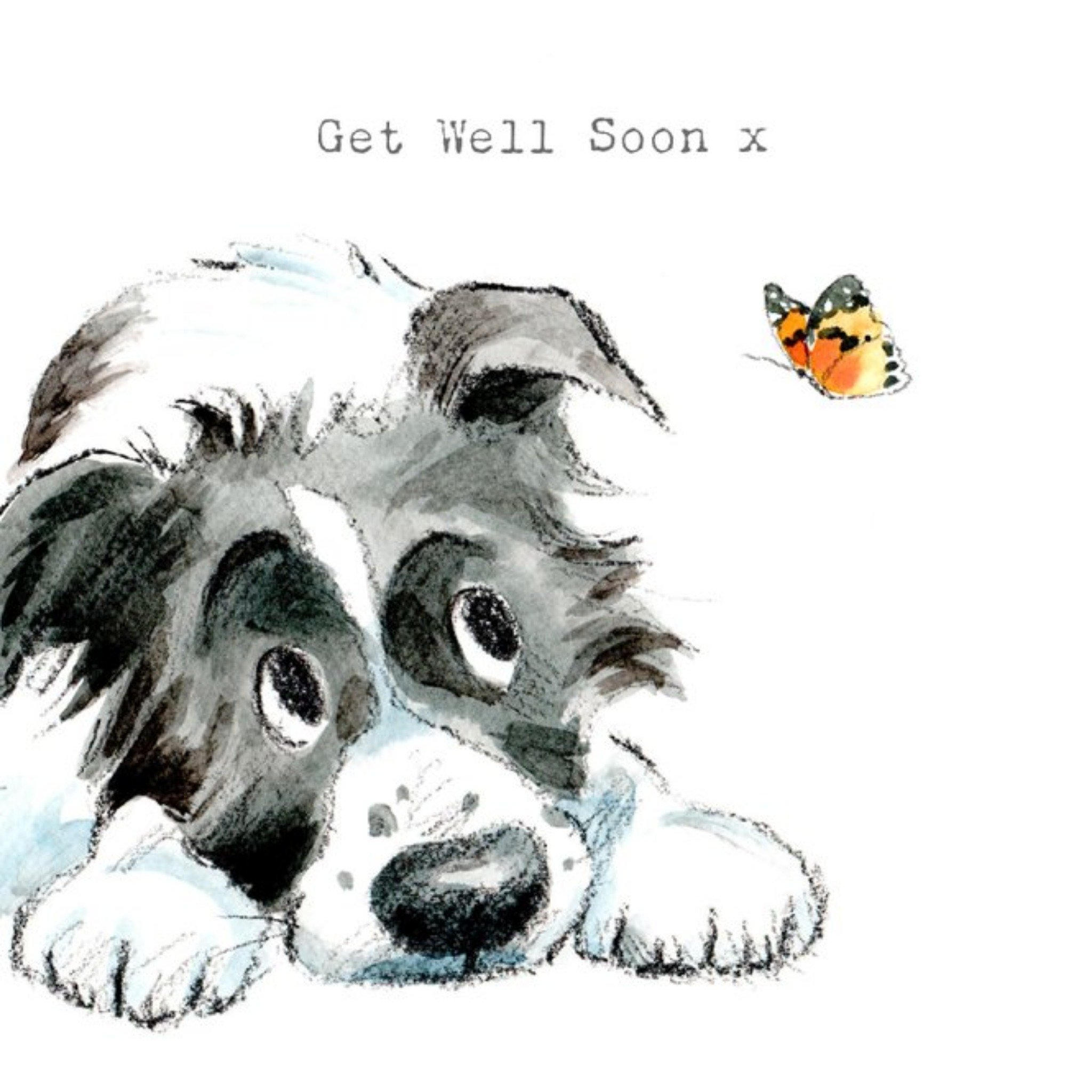 Illustration Of A Cute Dog And A Butterfly Get Well Soon Card, Square