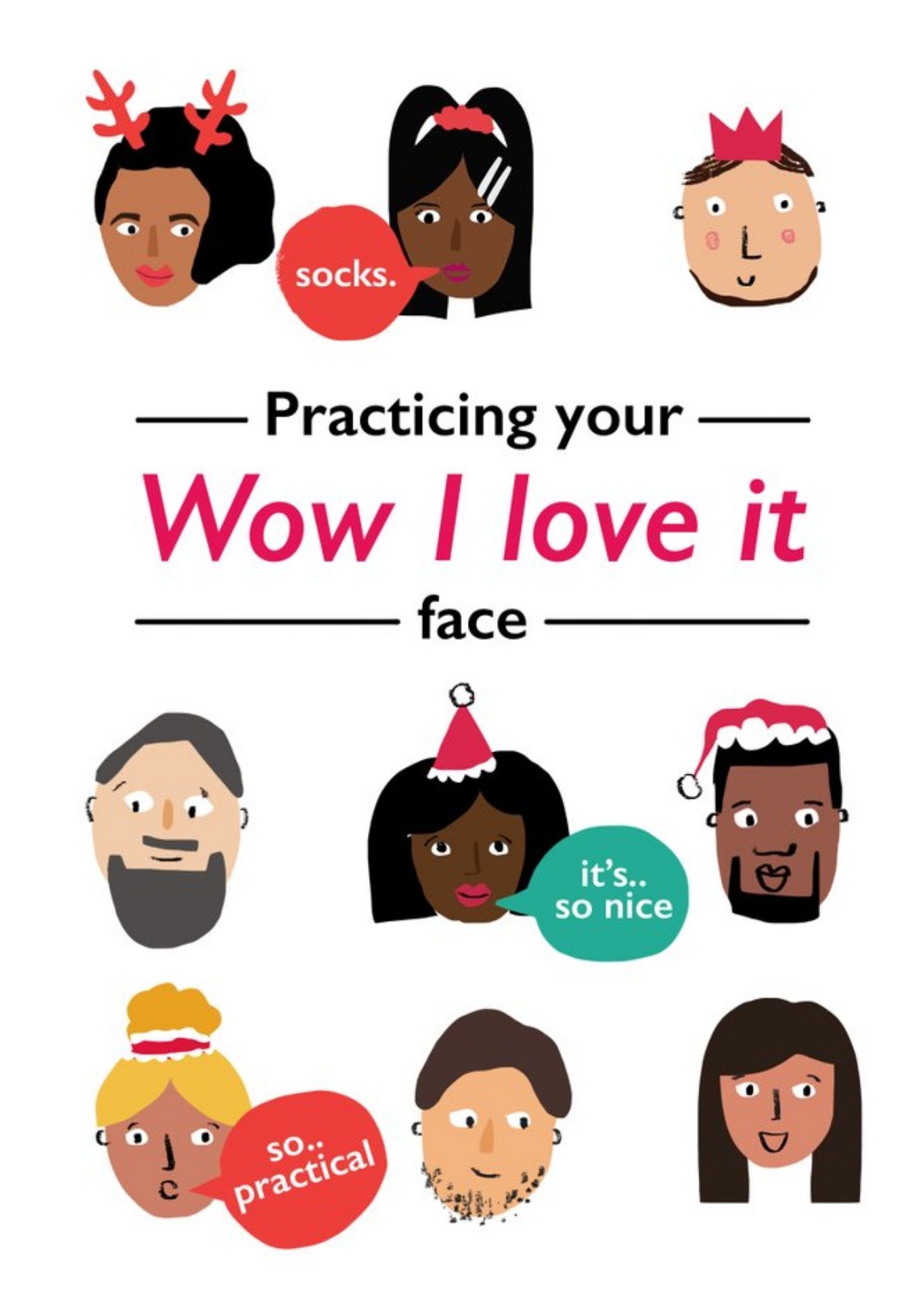 Moonpig Diverse Character Faces Practicing Your Wow I Love It Face Christmas Card Ecard