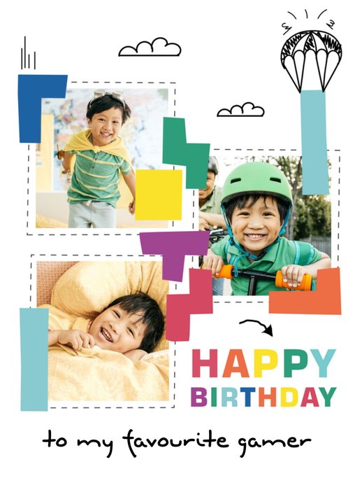 Cute Illustrated Tetris Photo upload Birthday Card | Moonpig
