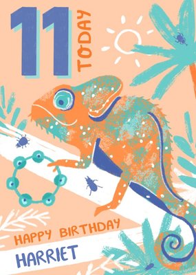 Colourful Illustrated Tropical Chameleon 11th Birthday Card