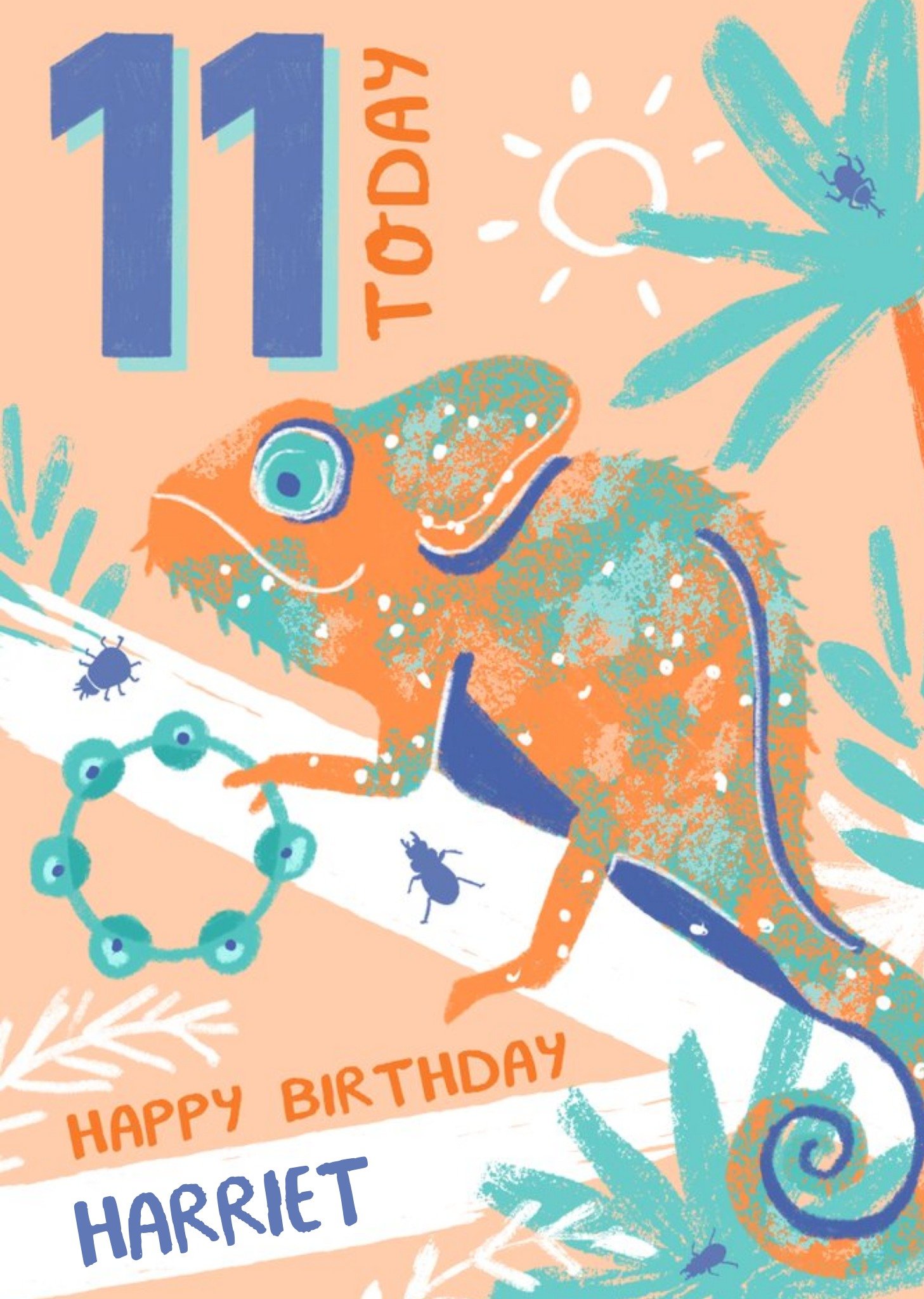 Colourful Illustrated Tropical Chameleon 11Th Birthday Card Ecard