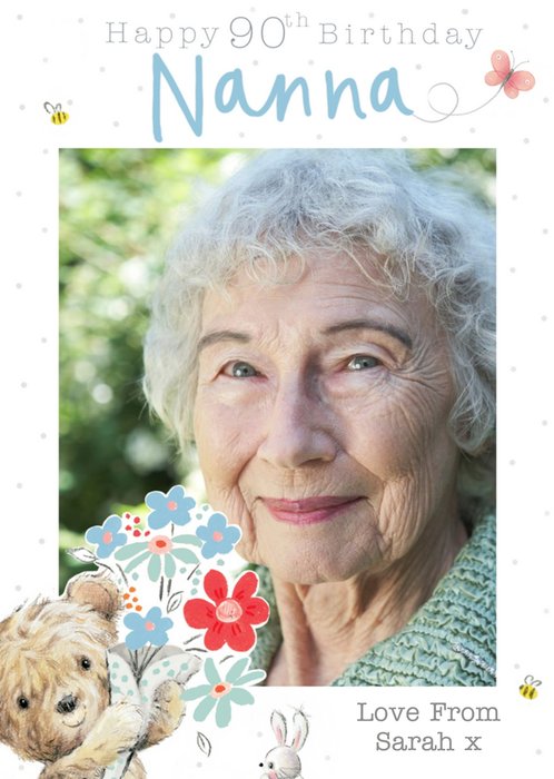 Simple Illustrated Bumble Bear Happy 90th Birthday Nanna Photo Upload Card