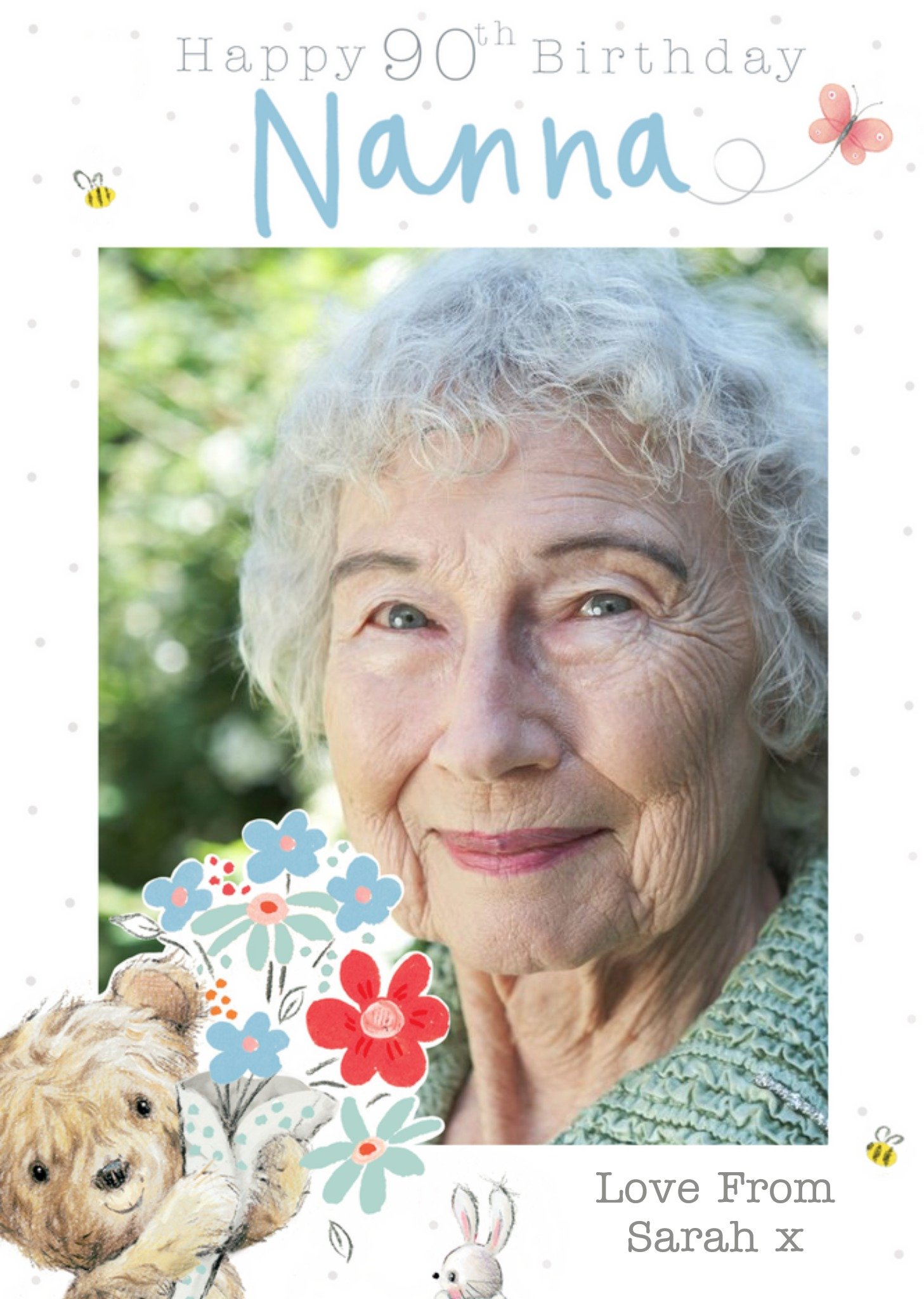 Simple Illustrated Bumble Bear Happy 90th Birthday Nanna Photo Upload Card Ecard