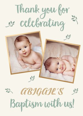 Typographic Photo Upload Green and Gold Baptism Card